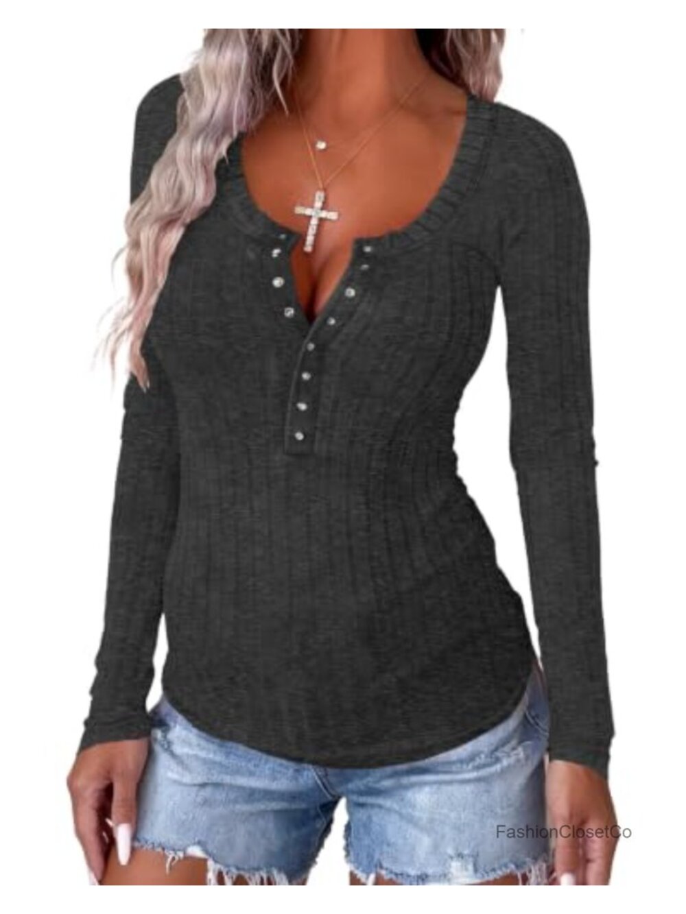 Women's Long Sleeve Ribbed Knit Tunic Henley Top